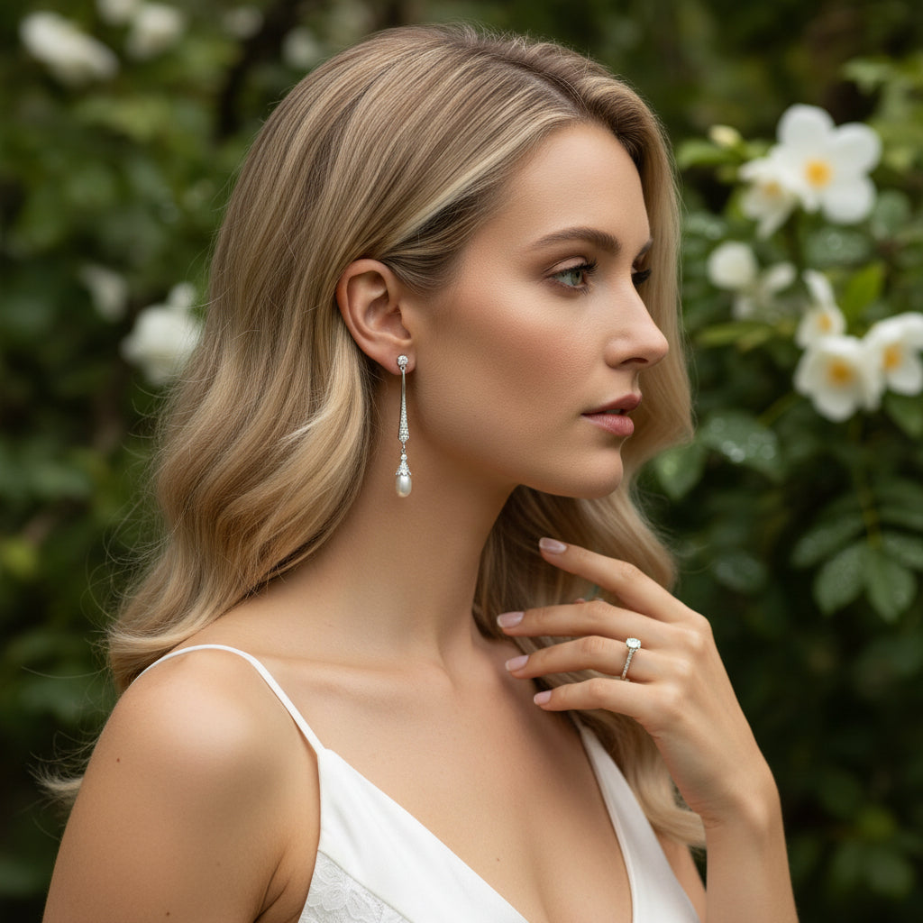 Cubic Zirconia Collection - Glitzy Pearl drop earrings - CZER379