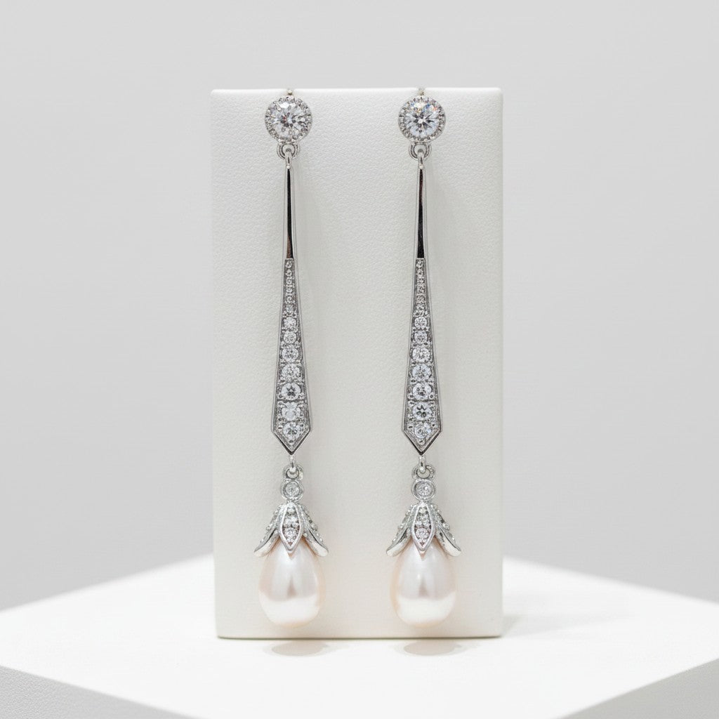 Cubic Zirconia Collection - Glitzy Pearl drop earrings - CZER379