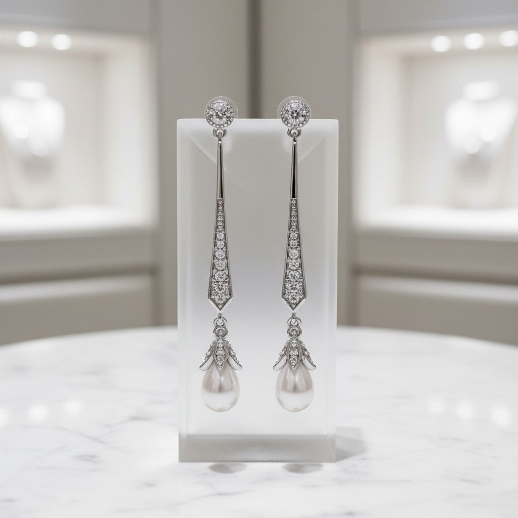 Cubic Zirconia Collection - Glitzy Pearl drop earrings - CZER379
