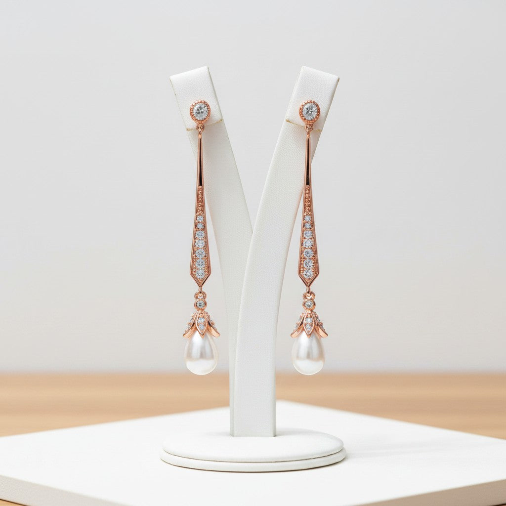 CUBIC ZIRCONIA COLLECTION - GLITZY PEARL DROP EARRINGS - ROSE GOLD - CZER379
