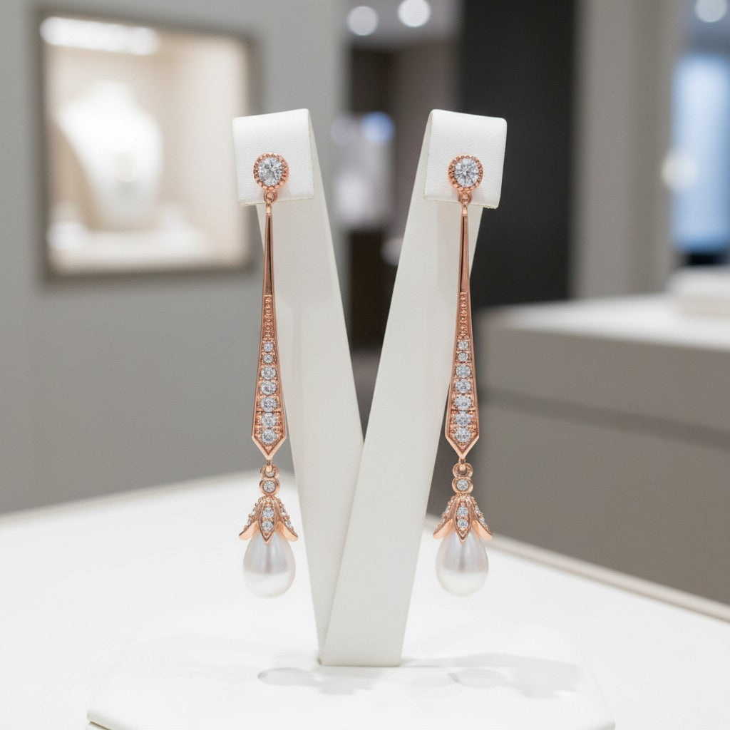 CUBIC ZIRCONIA COLLECTION - GLITZY PEARL DROP EARRINGS - ROSE GOLD - CZER379
