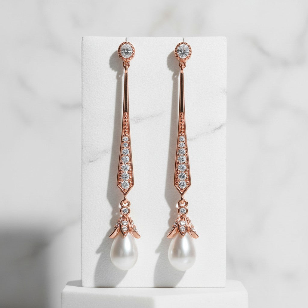 CUBIC ZIRCONIA COLLECTION - GLITZY PEARL DROP EARRINGS - ROSE GOLD - CZER379