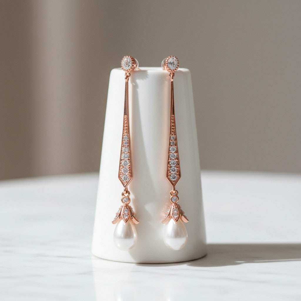 CUBIC ZIRCONIA COLLECTION - GLITZY PEARL DROP EARRINGS - ROSE GOLD - CZER379