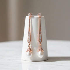 CUBIC ZIRCONIA COLLECTION - GLITZY PEARL DROP EARRINGS - ROSE GOLD - CZER379