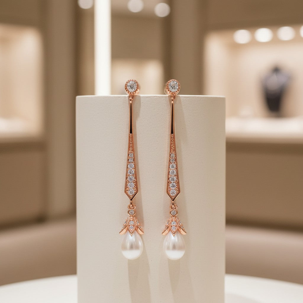 CUBIC ZIRCONIA COLLECTION - GLITZY PEARL DROP EARRINGS - ROSE GOLD - CZER379