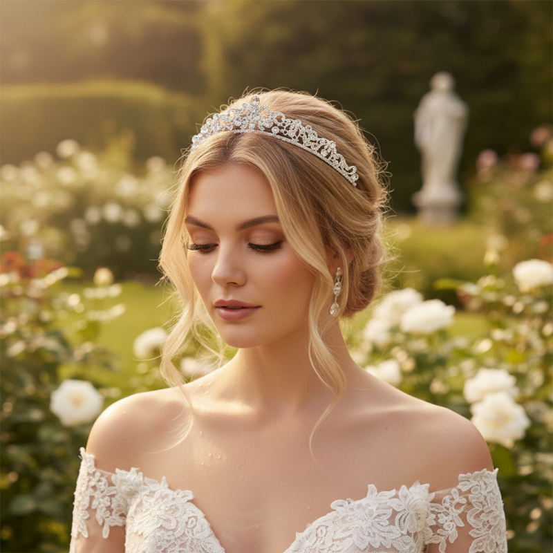 CUBIC ZIRCONIA COLLECTION -VINTAGE INSPIRED CRYSTAL TIARA - AHB252 SILVER