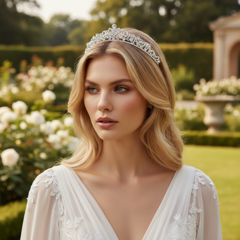 CUBIC ZIRCONIA COLLECTION -VINTAGE INSPIRED CRYSTAL TIARA - AHB252 SILVER