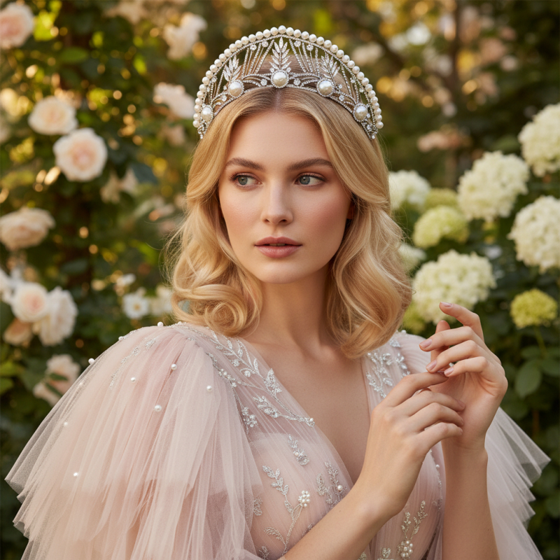 ATHENA COLLECTION - MAJESTIC PEARL TIARA - AHB255 GOLD