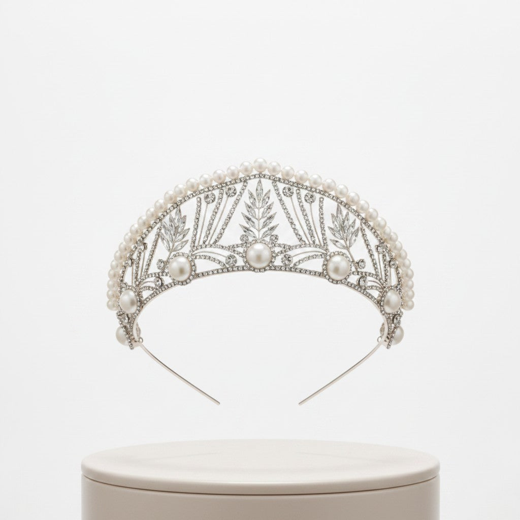 ATHENA COLLECTION - MAJESTIC PEARL TIARA - AHB255 GOLD