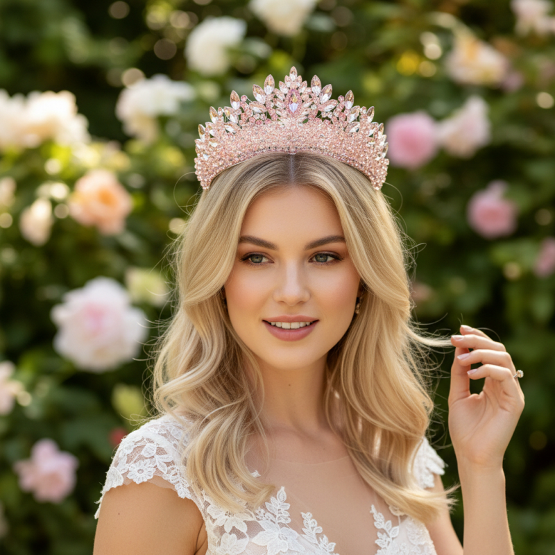 CUBIC ZIRCONIA COLLECTION - LUXE STATEMENT TIARA - AHB257 PINK