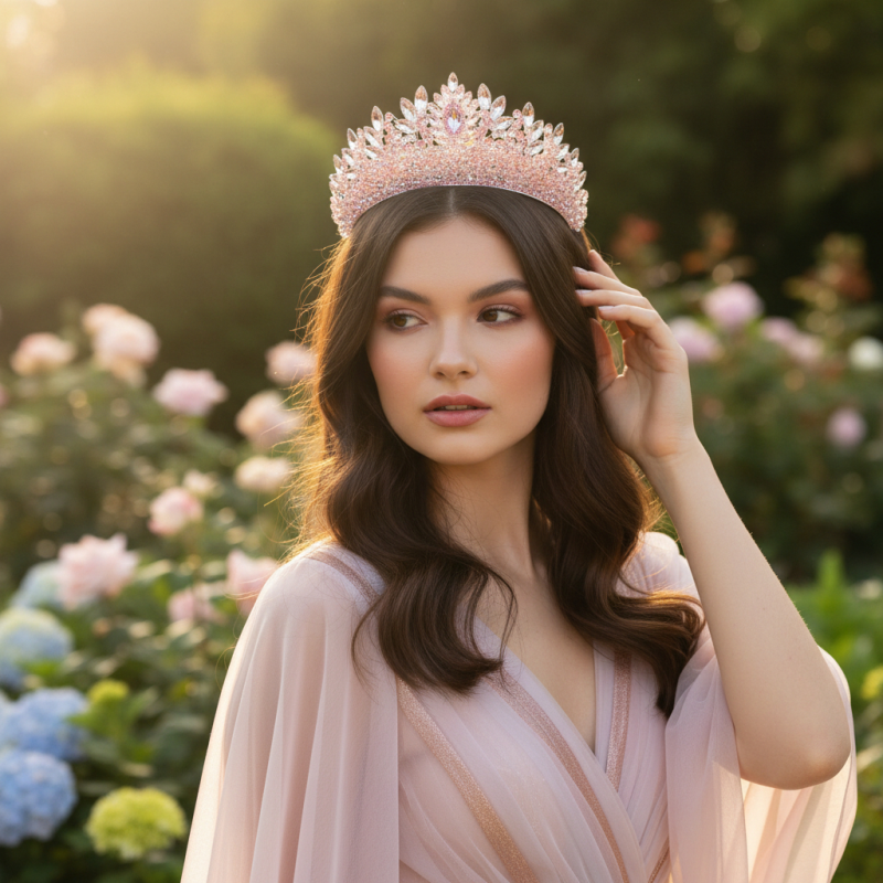 CUBIC ZIRCONIA COLLECTION - LUXE STATEMENT TIARA - AHB257 PINK