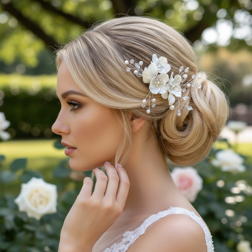 ATHENA COLLECTION - PEARLY FLOWER HEADPIECE - HC313 SILVER