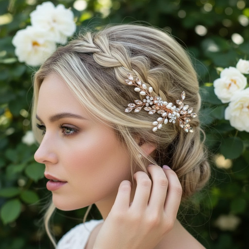ATHENA COLLECTION - EXQUISITE FRESHWATER PEARL HAIR COMB -HC316 ROSE GOLD