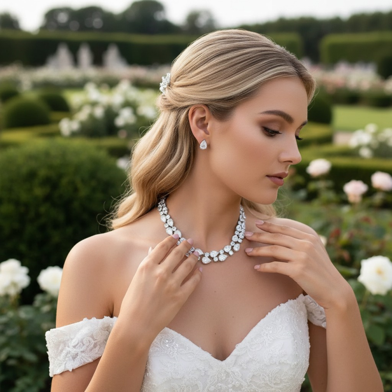 CUBIC ZIRCONIA COLLECTION - STARLET CRYSTAL NECKLACE SET - CZNK293 SILVER