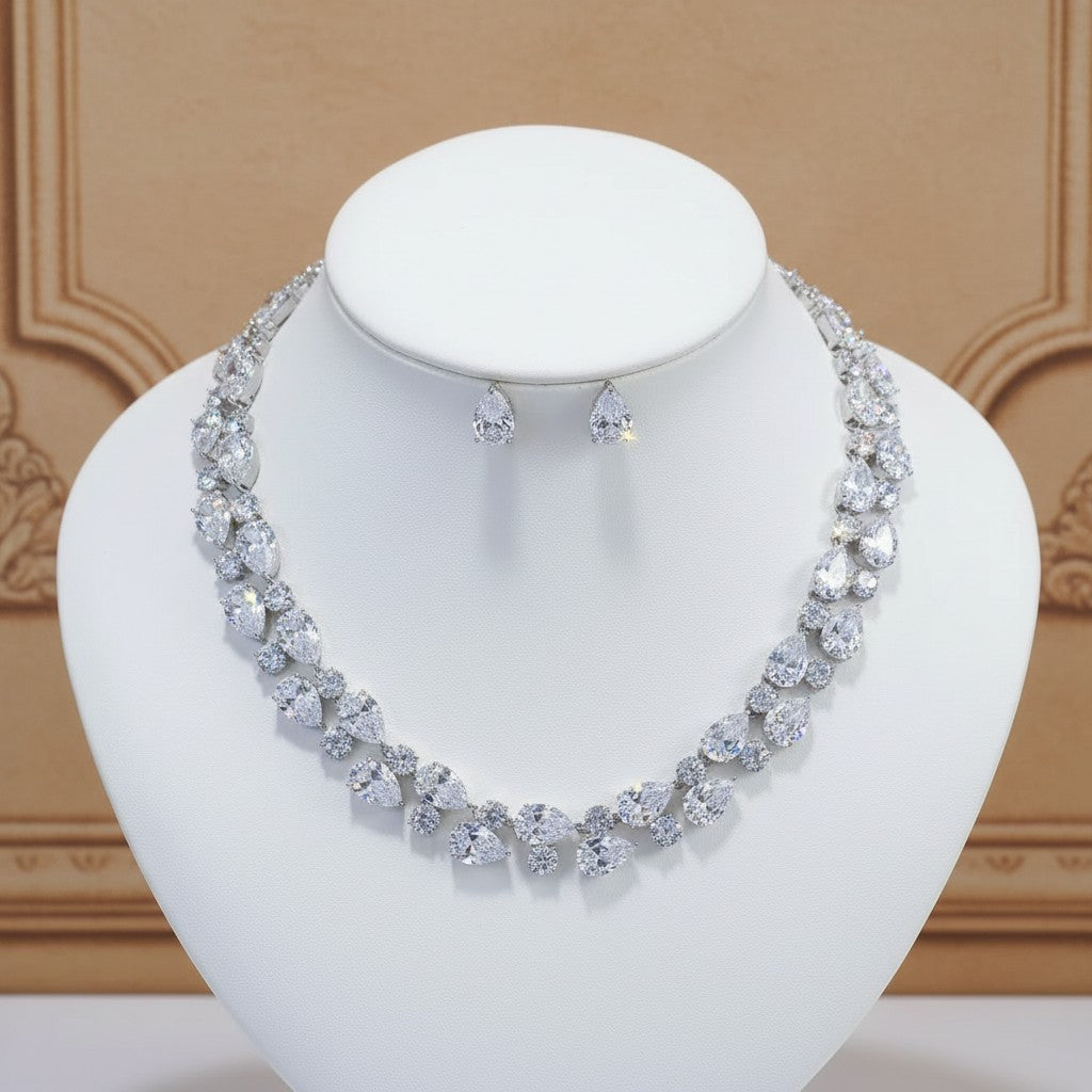 CUBIC ZIRCONIA COLLECTION - STARLET CRYSTAL NECKLACE SET - CZNK293 SILVER