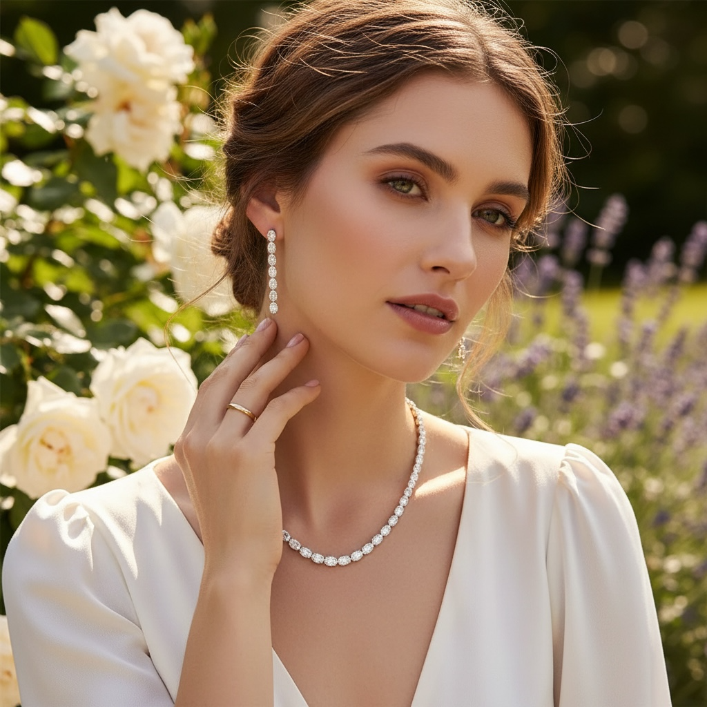 CUBIC ZIRCONIA COLLECTION - CRYSTAL DROP NECKLACE SET - CZNK295 SILVER