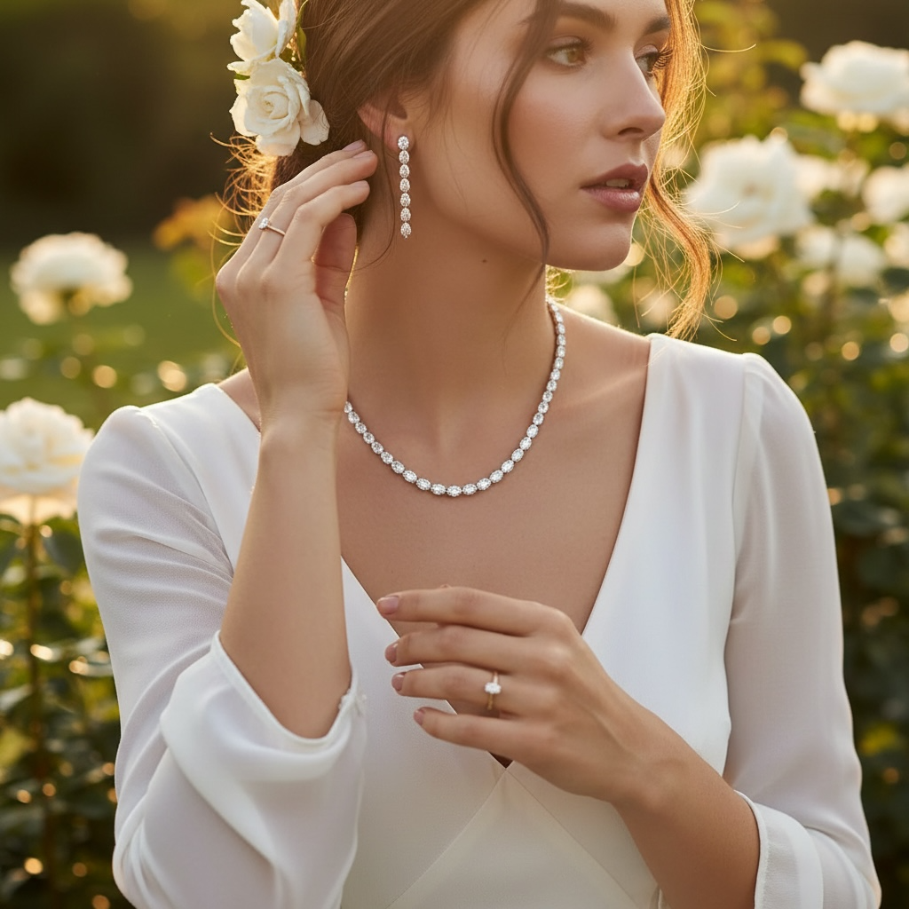 CUBIC ZIRCONIA COLLECTION - CRYSTAL DROP NECKLACE SET - CZNK295 SILVER