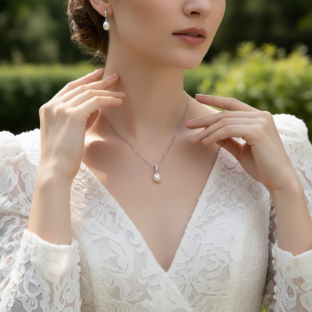 CUBIC ZIRCONIA COLLECTION - FRESHWATER PEARL NECKLACE SET - CZNK296 SILVER