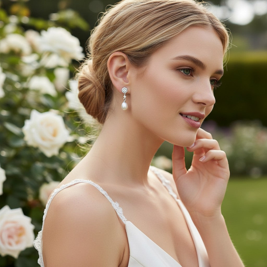 CUBIC ZIRCONIA COLLECTION - CHIC FRESHWATER PEARL EARRINGS - CZER949 SILVER