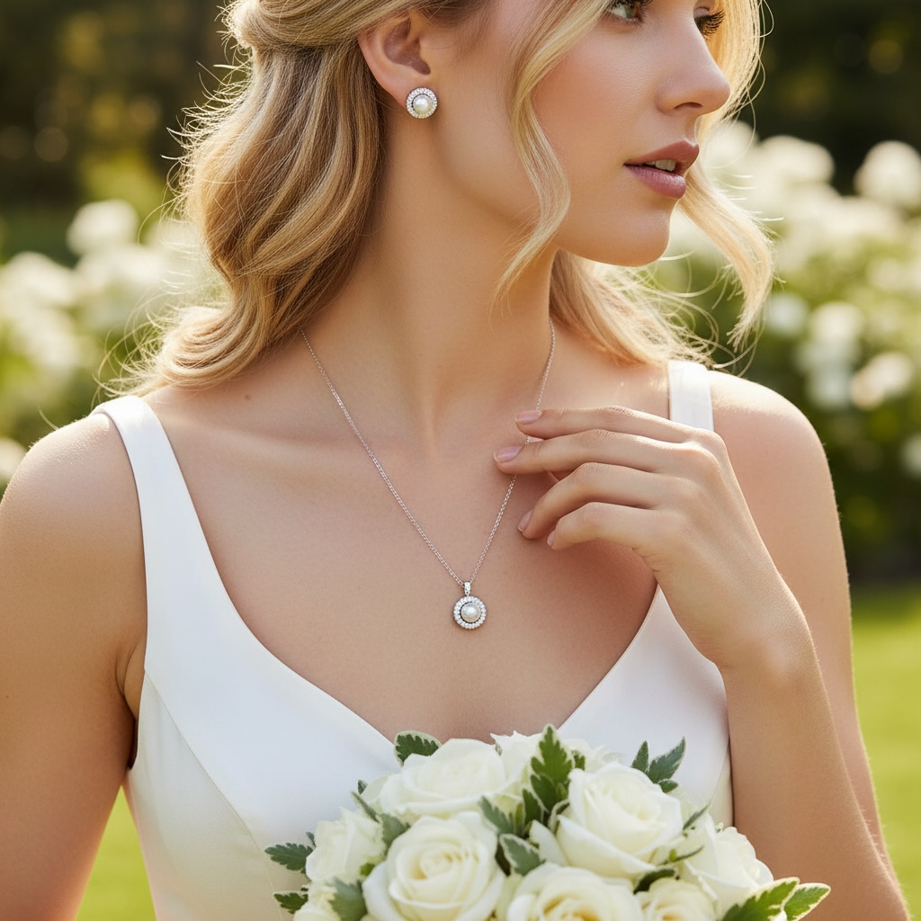 CUBIC ZIRCONIA COLLECTION - FRESHWATER PEARL NECKLACE SET - 925 -SILVER CZNK297