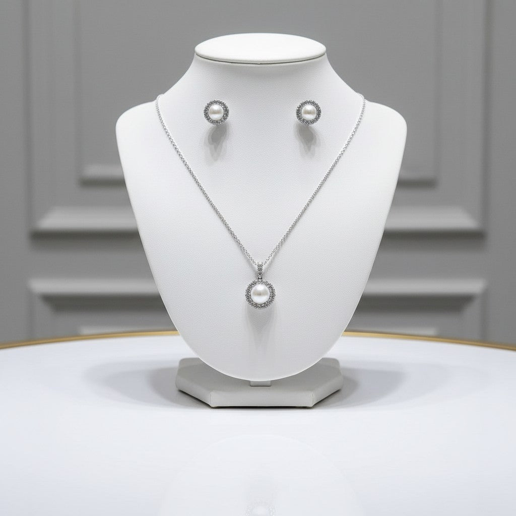 CUBIC ZIRCONIA COLLECTION - FRESHWATER PEARL NECKLACE SET - 925 -SILVER CZNK297