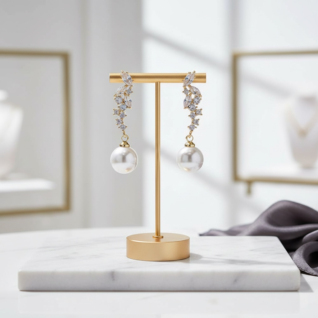 CUBIC ZIRCONIA COLLECTION - GLEAMING PEARL DROP EARRINGS - CZER636 GOLD