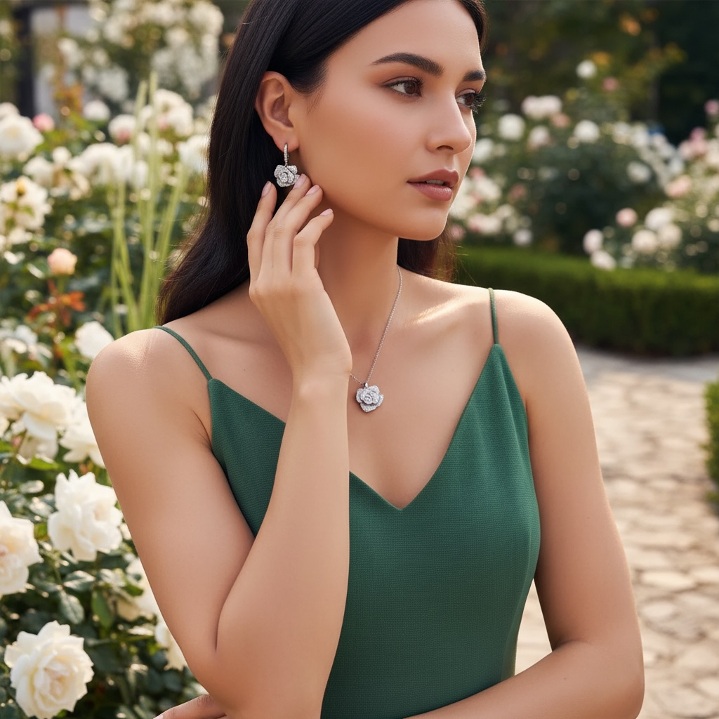 CUBIC ZIRCONIA COLLECTION - VINTAGE ROSE NECKLACE SET - CZNK301 SILVER