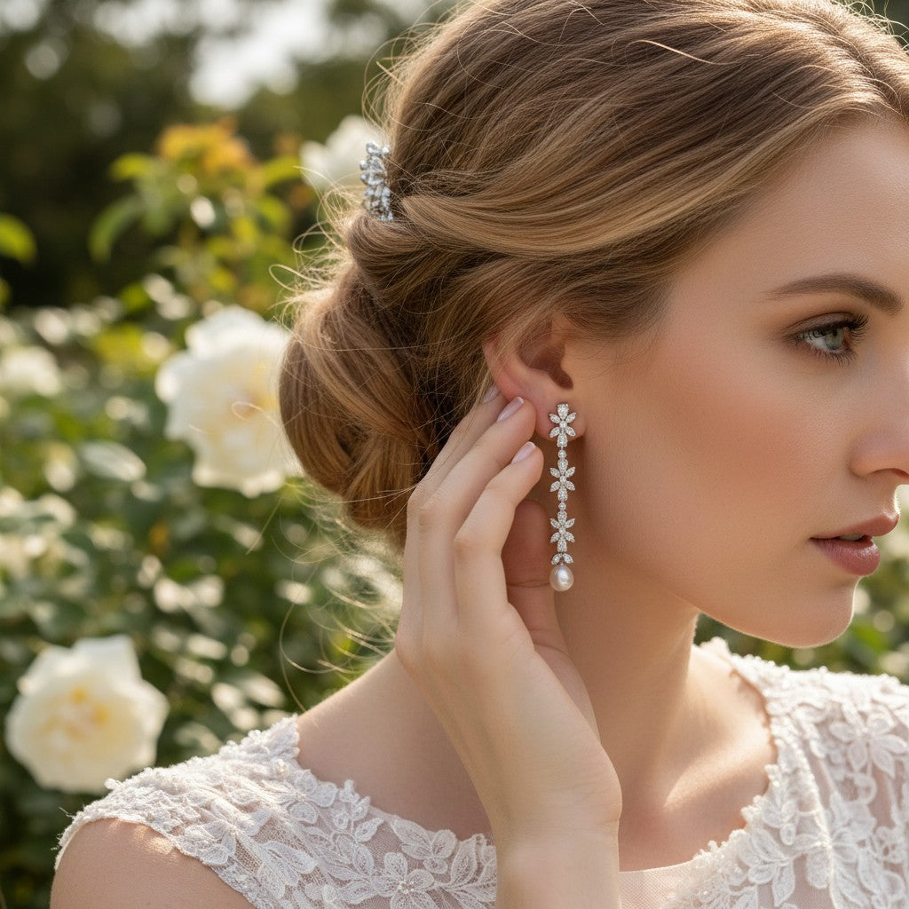 CUBIC ZIRCONIA COLLECTION - GLITZY PEARL DROP EARRINGS - CZER957 SILVER