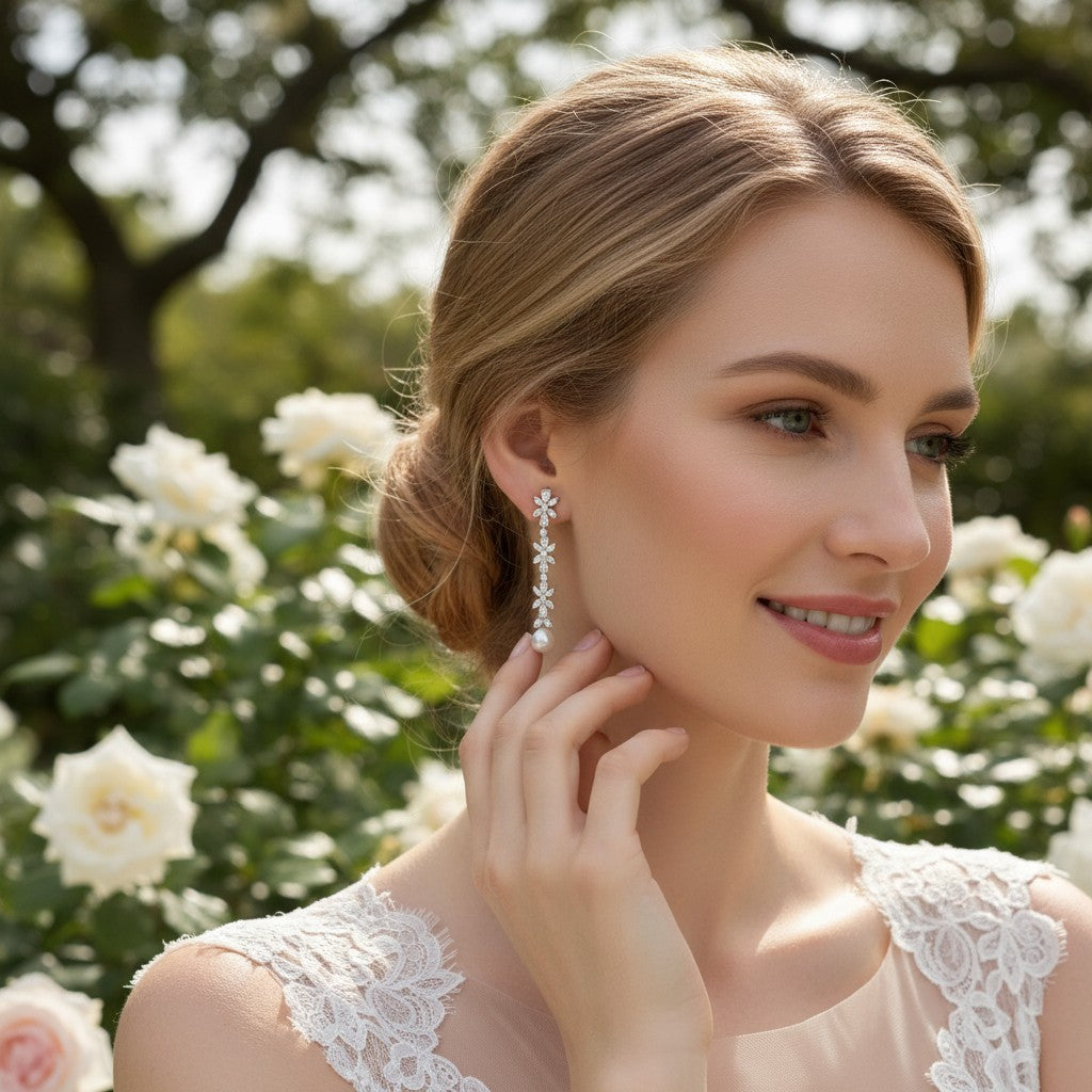 CUBIC ZIRCONIA COLLECTION - GLITZY PEARL DROP EARRINGS - CZER957 SILVER