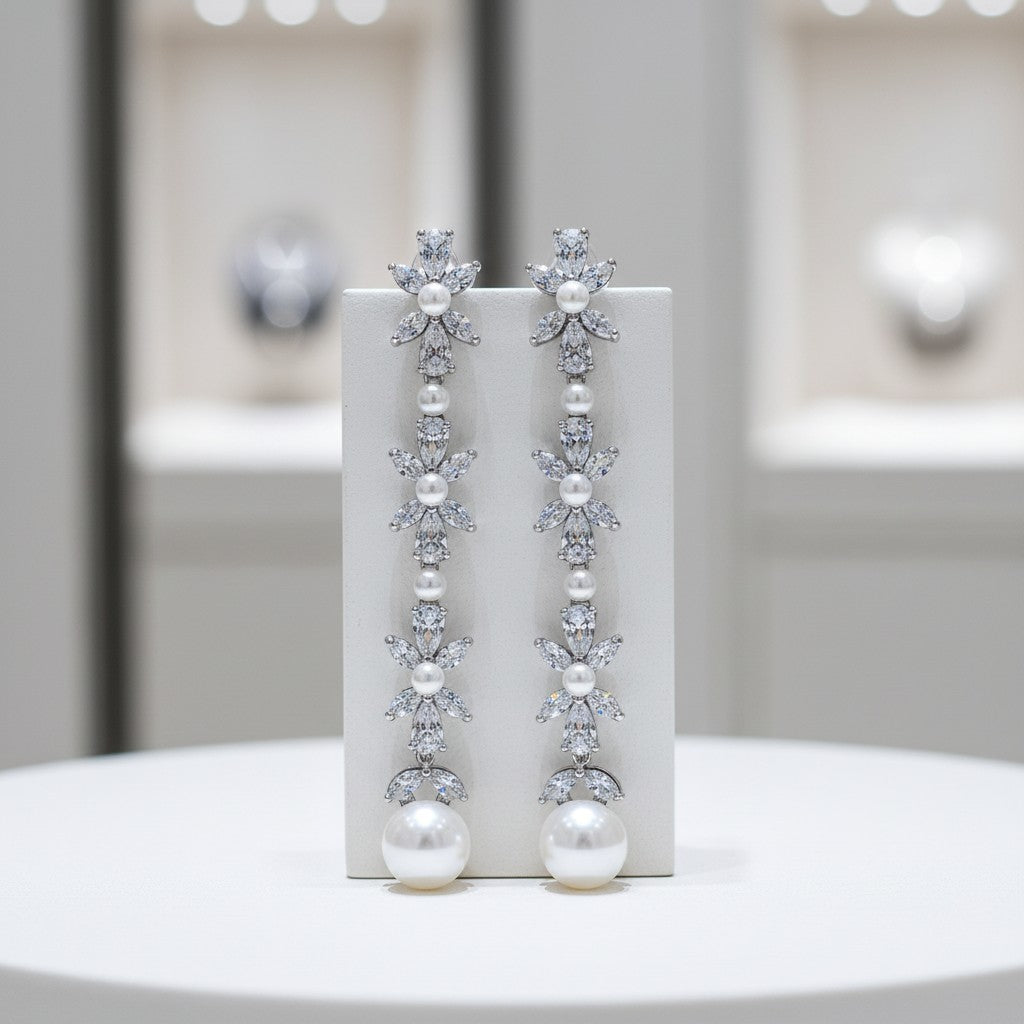 CUBIC ZIRCONIA COLLECTION - GLITZY PEARL DROP EARRINGS - CZER957 SILVER