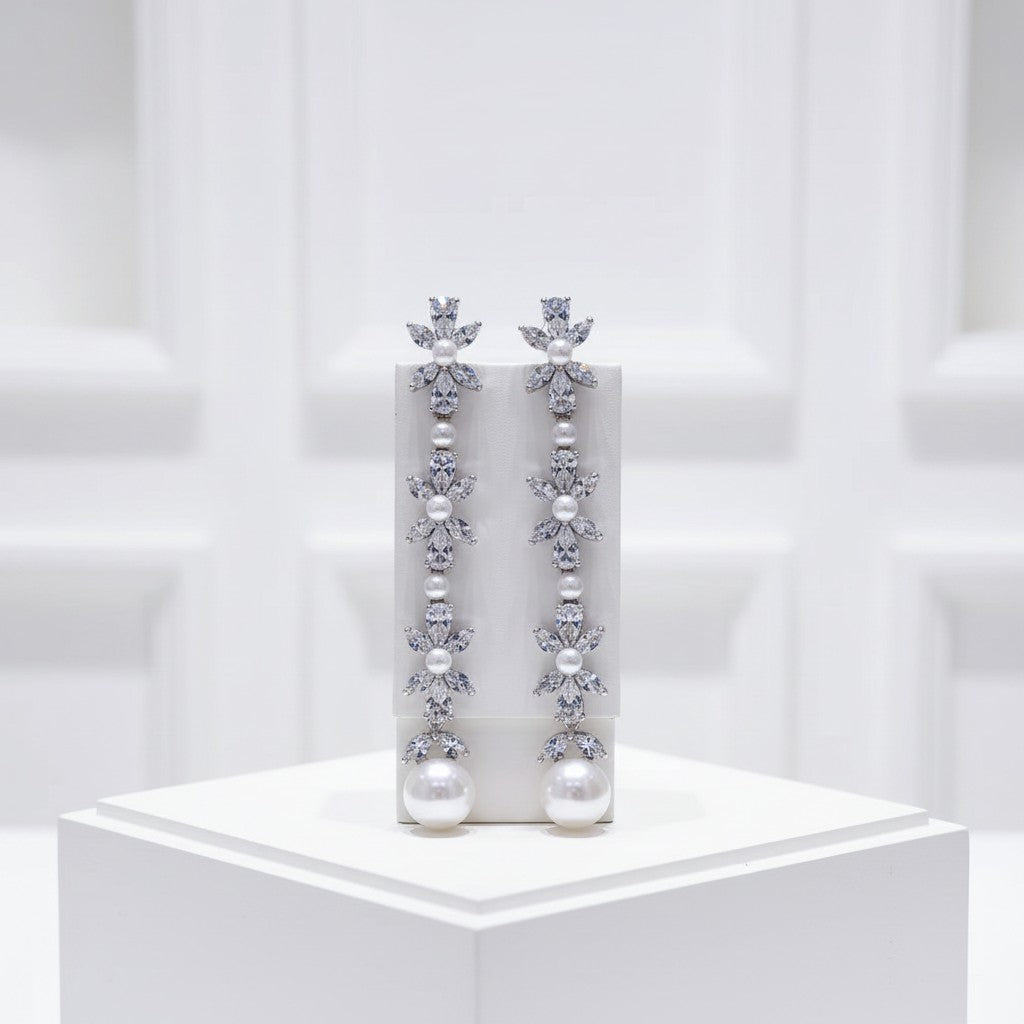 CUBIC ZIRCONIA COLLECTION - GLITZY PEARL DROP EARRINGS - CZER957 SILVER