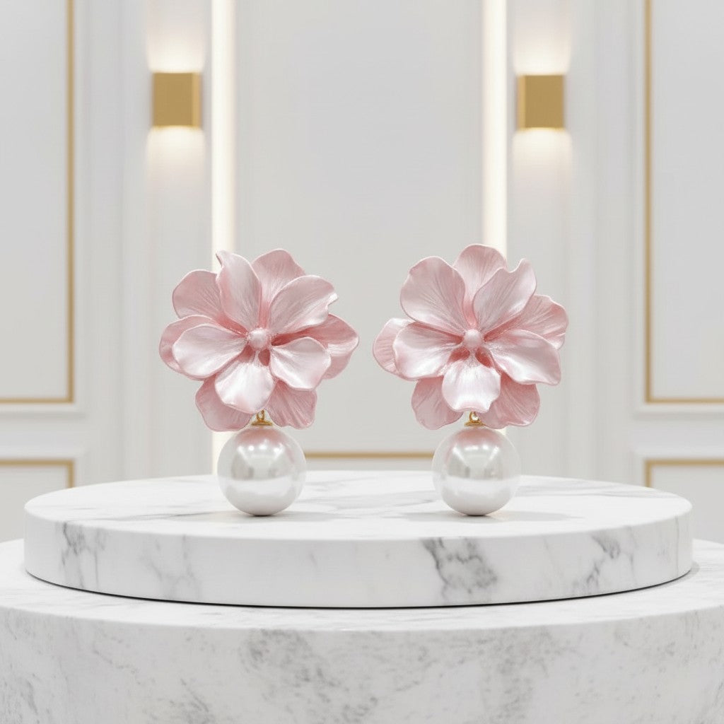 CUBIC ZIRCONIA COLLECTION - CHIC FLOWER PEARL EARRINGS - CZER960 pink