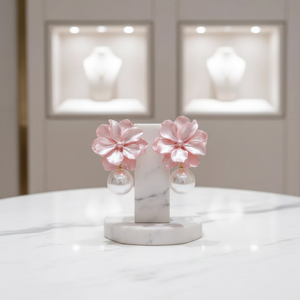 CUBIC ZIRCONIA COLLECTION - CHIC FLOWER PEARL EARRINGS - CZER960 pink