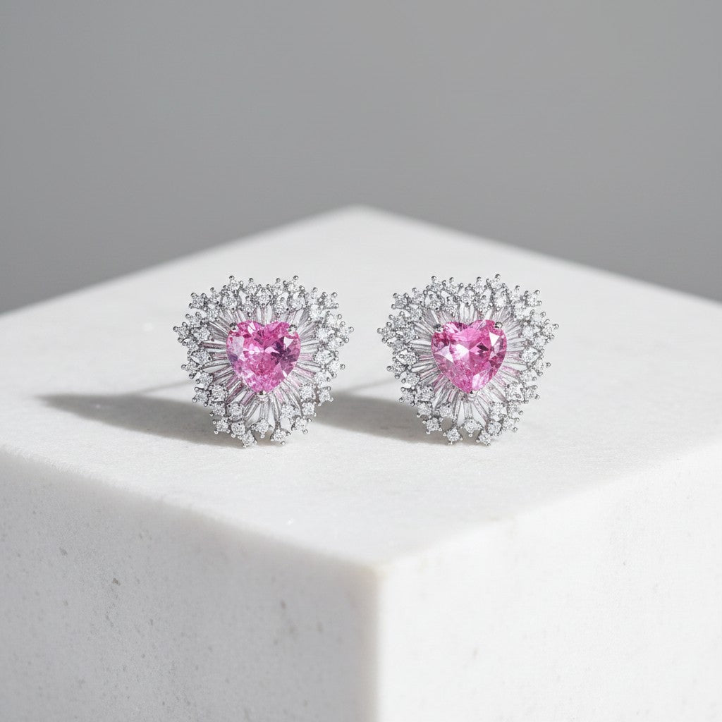 CUBIC ZIRCONIA COLLECTION - ENCHANTED PINK HEART EARRINGS - CZER964