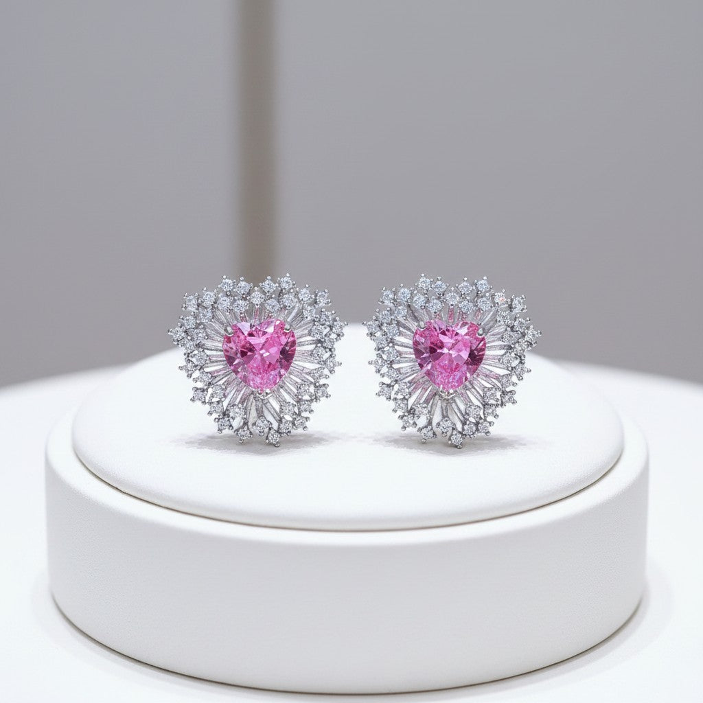 CUBIC ZIRCONIA COLLECTION - ENCHANTED PINK HEART EARRINGS - CZER964