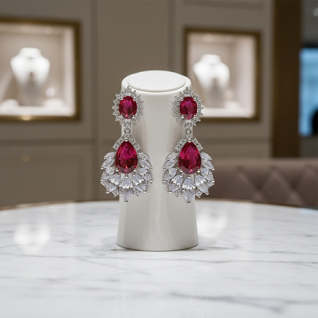 CUBIC ZIRCONIA - STARLET GLAM EARRINGS - RED - (CZER480)