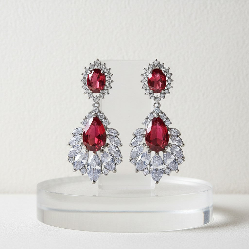 CUBIC ZIRCONIA - STARLET GLAM EARRINGS - RED - (CZER480)