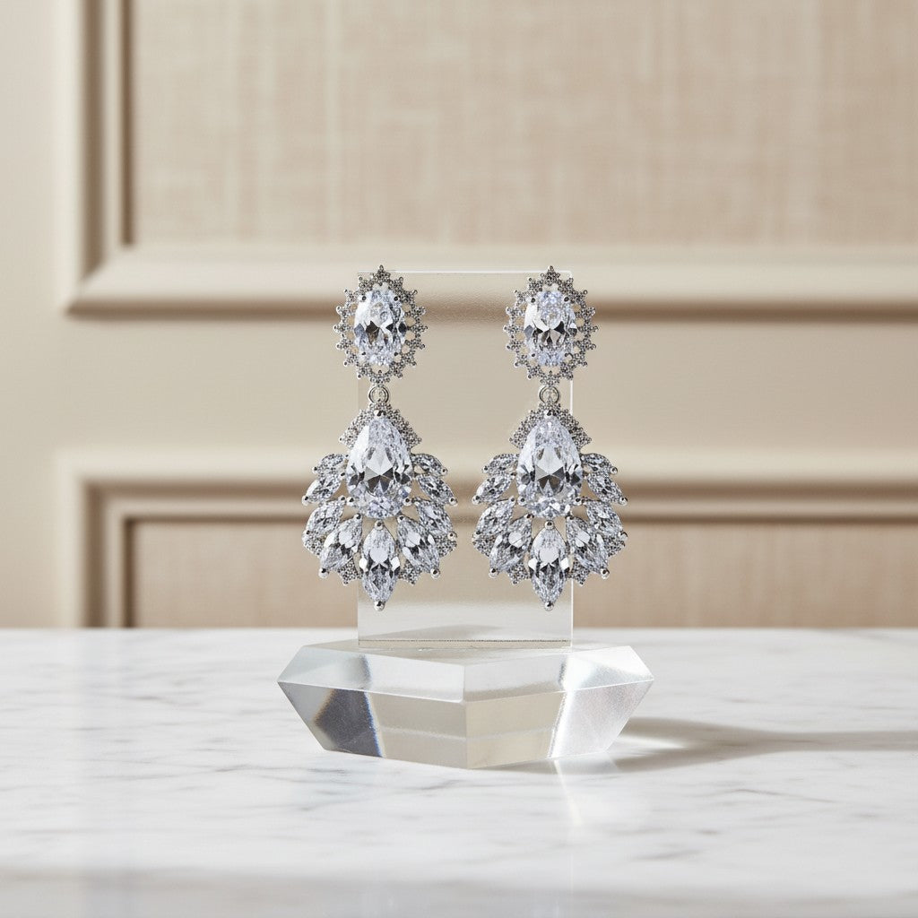 CUBIC ZIRCONIA - STARLET GLAM EARRINGS - SILVER - (CZER480)