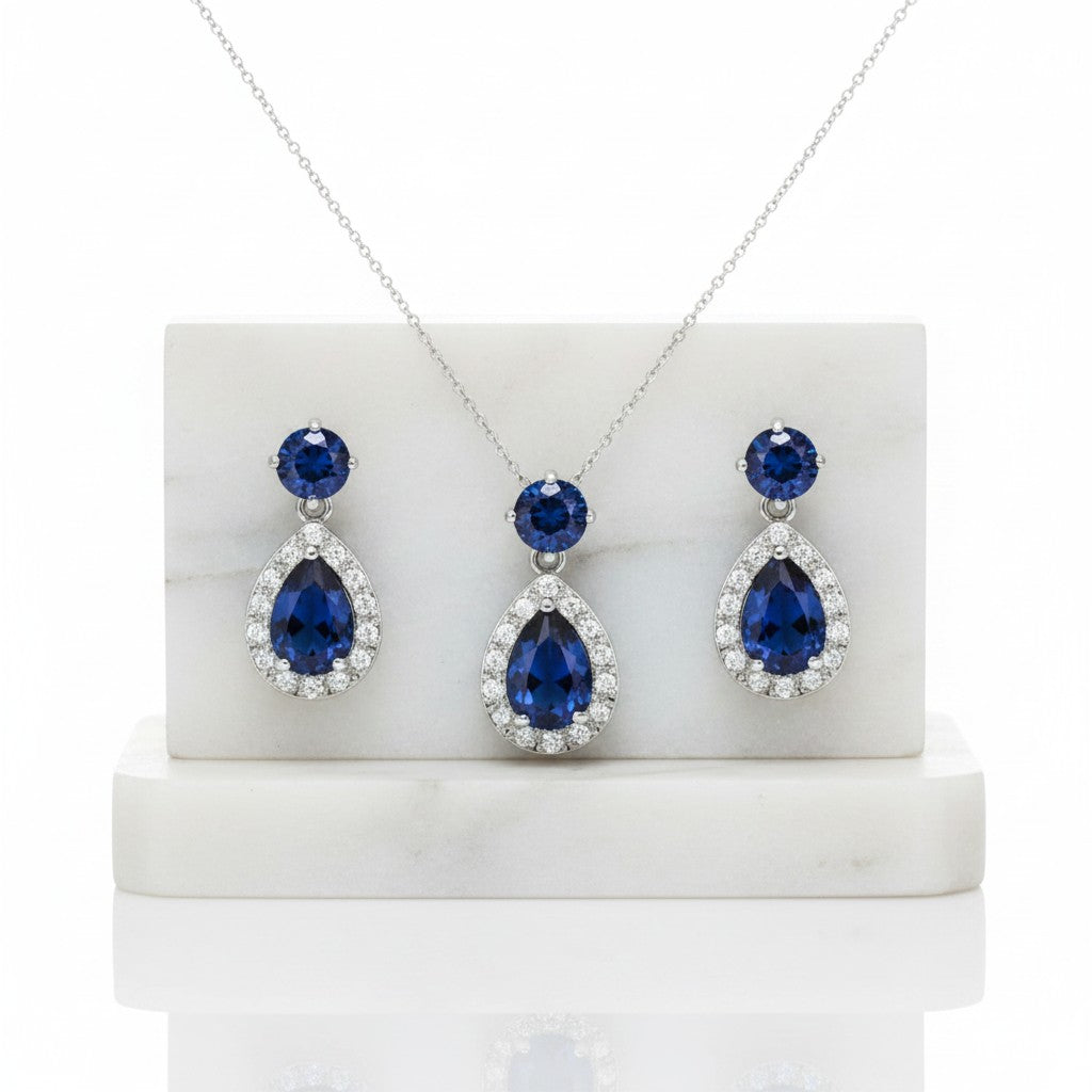 CUBIC ZIRCONIA COLLECTION - DAZZLING CRYSTAL DROP NECKLACE SET - (CZNK55) SAPPHIRE