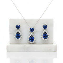 CUBIC ZIRCONIA COLLECTION - DAZZLING CRYSTAL DROP NECKLACE SET - (CZNK55) SAPPHIRE