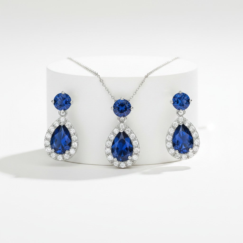 CUBIC ZIRCONIA COLLECTION - DAZZLING CRYSTAL DROP NECKLACE SET - (CZNK55) SAPPHIRE