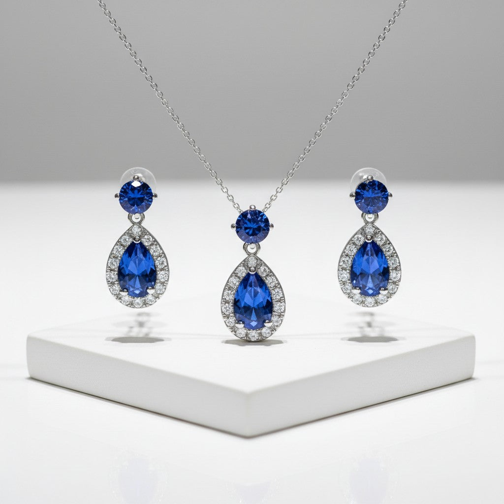 CUBIC ZIRCONIA COLLECTION - DAZZLING CRYSTAL DROP NECKLACE SET - (CZNK55) SAPPHIRE