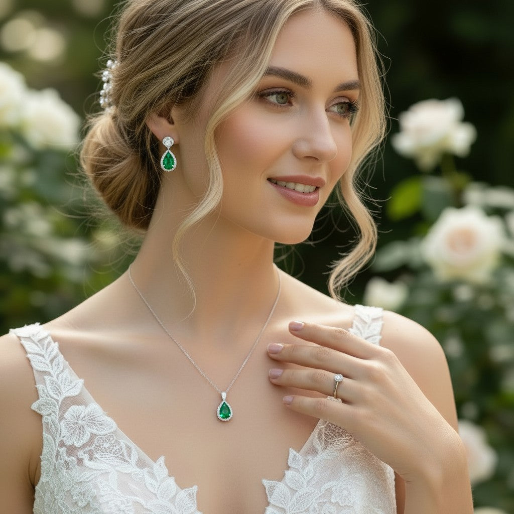CUBIC ZIRCONIA COLLECTION - DAZZLING CRYSTAL DROP NECKLACE SET - (CZNK55) EMERALD GREEN