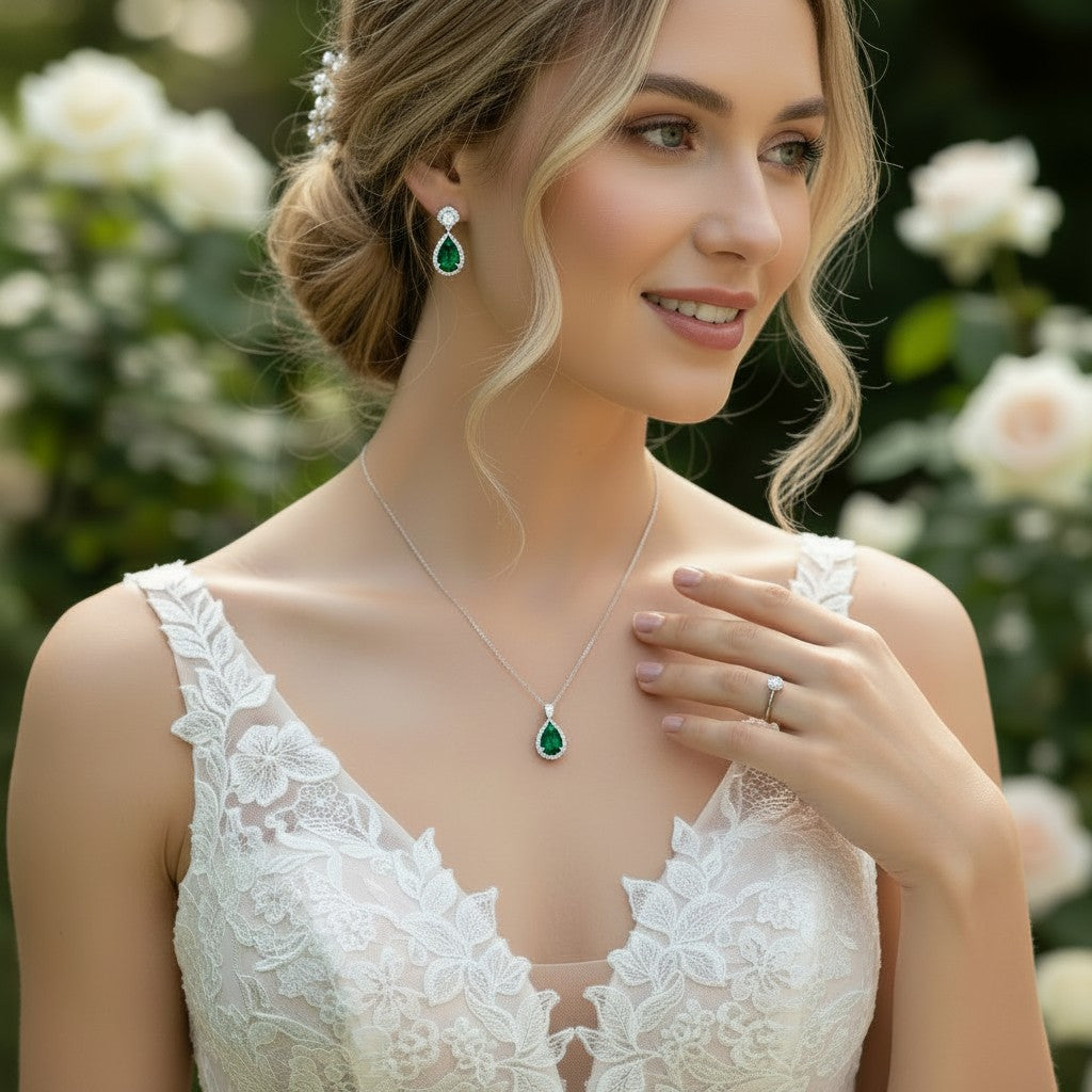 CUBIC ZIRCONIA COLLECTION - DAZZLING CRYSTAL DROP NECKLACE SET - (CZNK55) EMERALD GREEN
