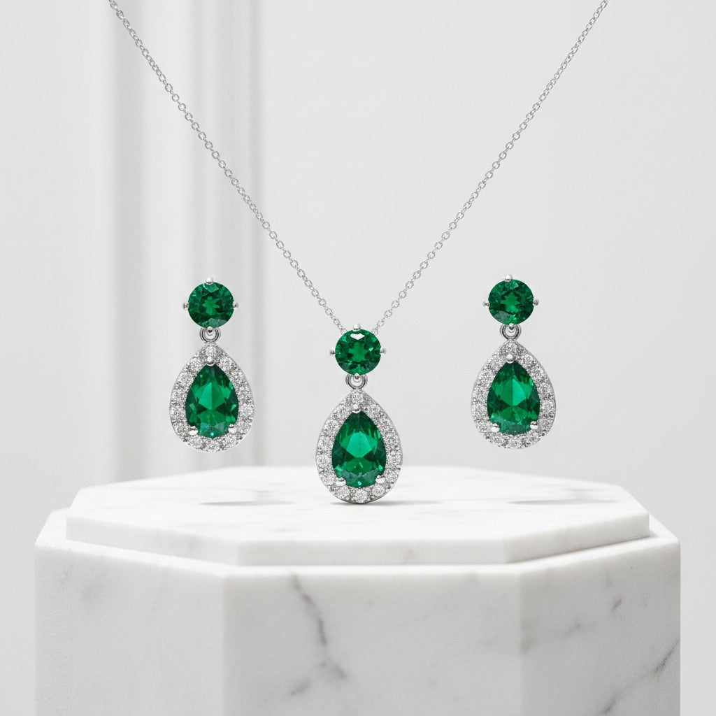 CUBIC ZIRCONIA COLLECTION - DAZZLING CRYSTAL DROP NECKLACE SET - (CZNK55) EMERALD GREEN