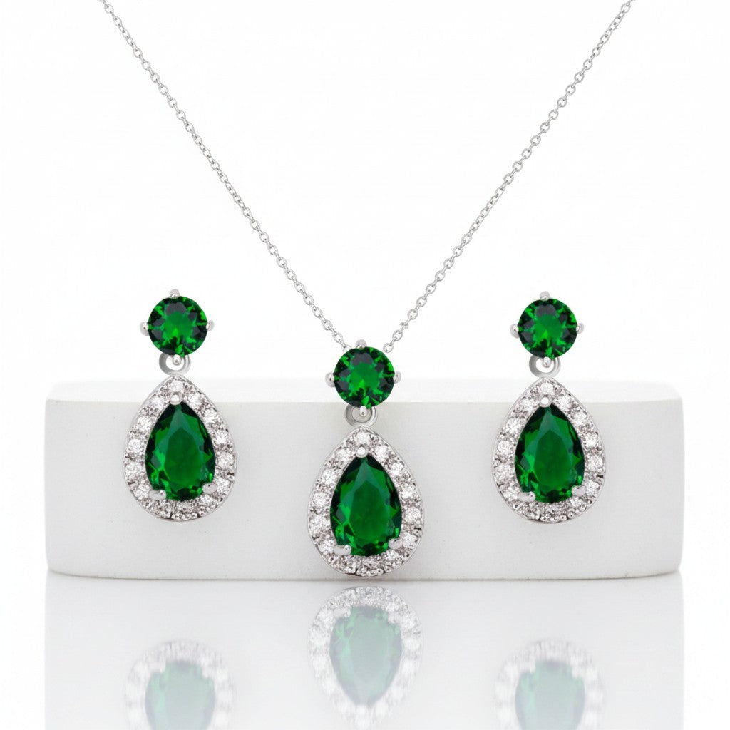 CUBIC ZIRCONIA COLLECTION - DAZZLING CRYSTAL DROP NECKLACE SET - (CZNK55) EMERALD GREEN