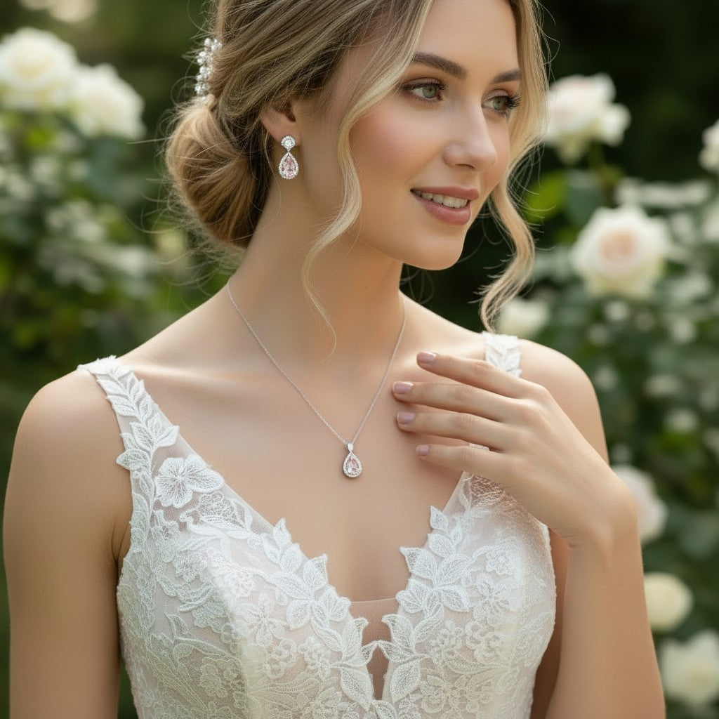 CUBIC ZIRCONIA COLLECTION - DAZZLING CRYSTAL DROP NECKLACE SET - (CZNK55) PINK