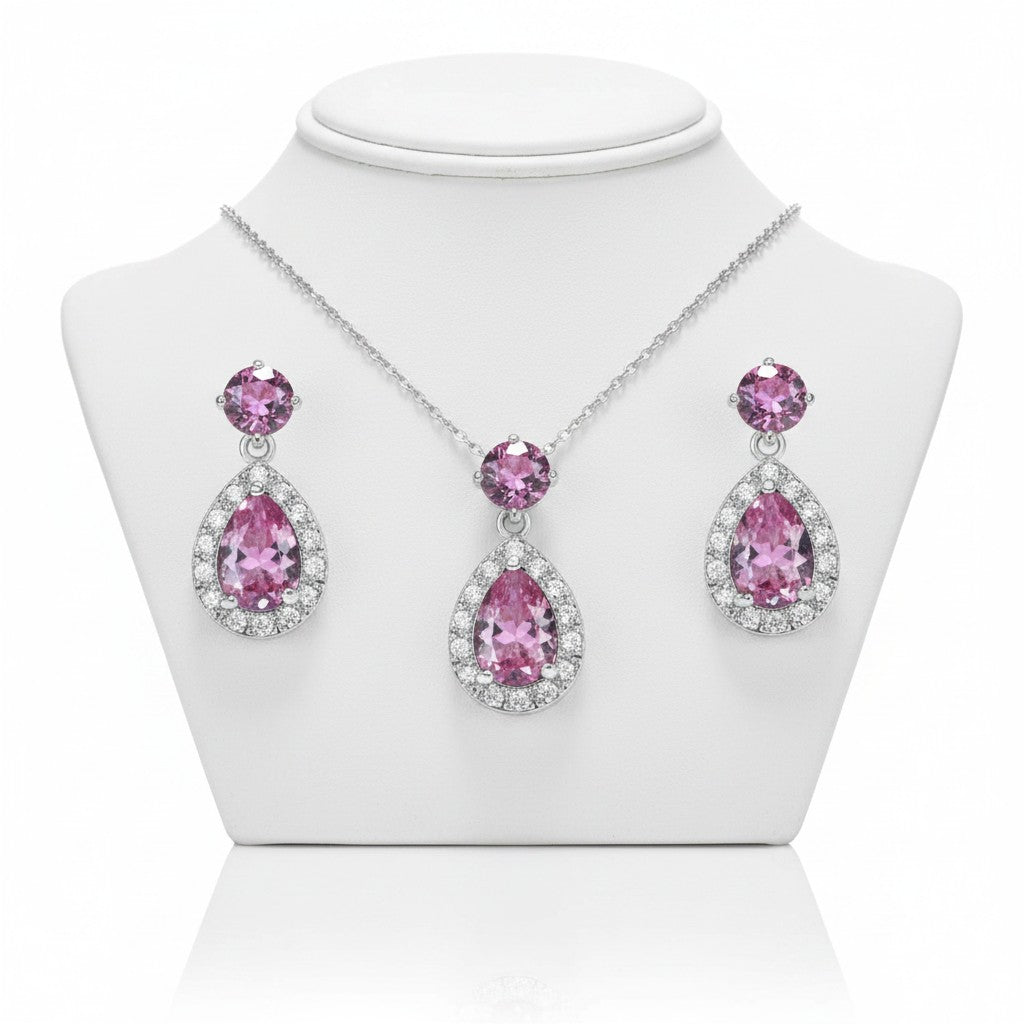 CUBIC ZIRCONIA COLLECTION - DAZZLING CRYSTAL DROP NECKLACE SET - (CZNK55) PINK