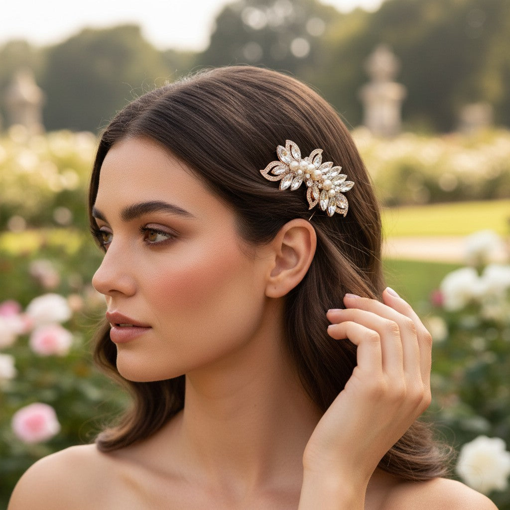 ATHENA COLLECTION - PEARL SHIMMER HAIR COMB - (HC192) ROSE GOLD