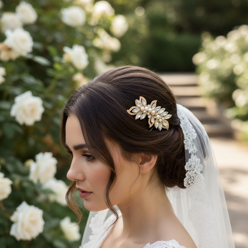 ATHENA COLLECTION - PEARL SHIMMER HAIR COMB - (HC192) GOLD